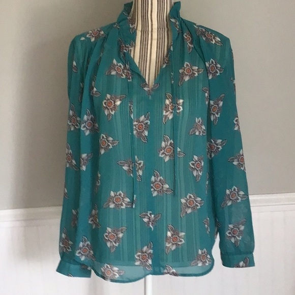 Loft Sheer Floral Top Size XSmall Ruffle Neck - Picture 1 of 3